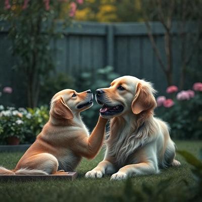The primary subject of the image is a dog grooming another dog. The setting is a backyard with a fence in the background. The visual style is a photo, and the colors and mood are warm and inviting.